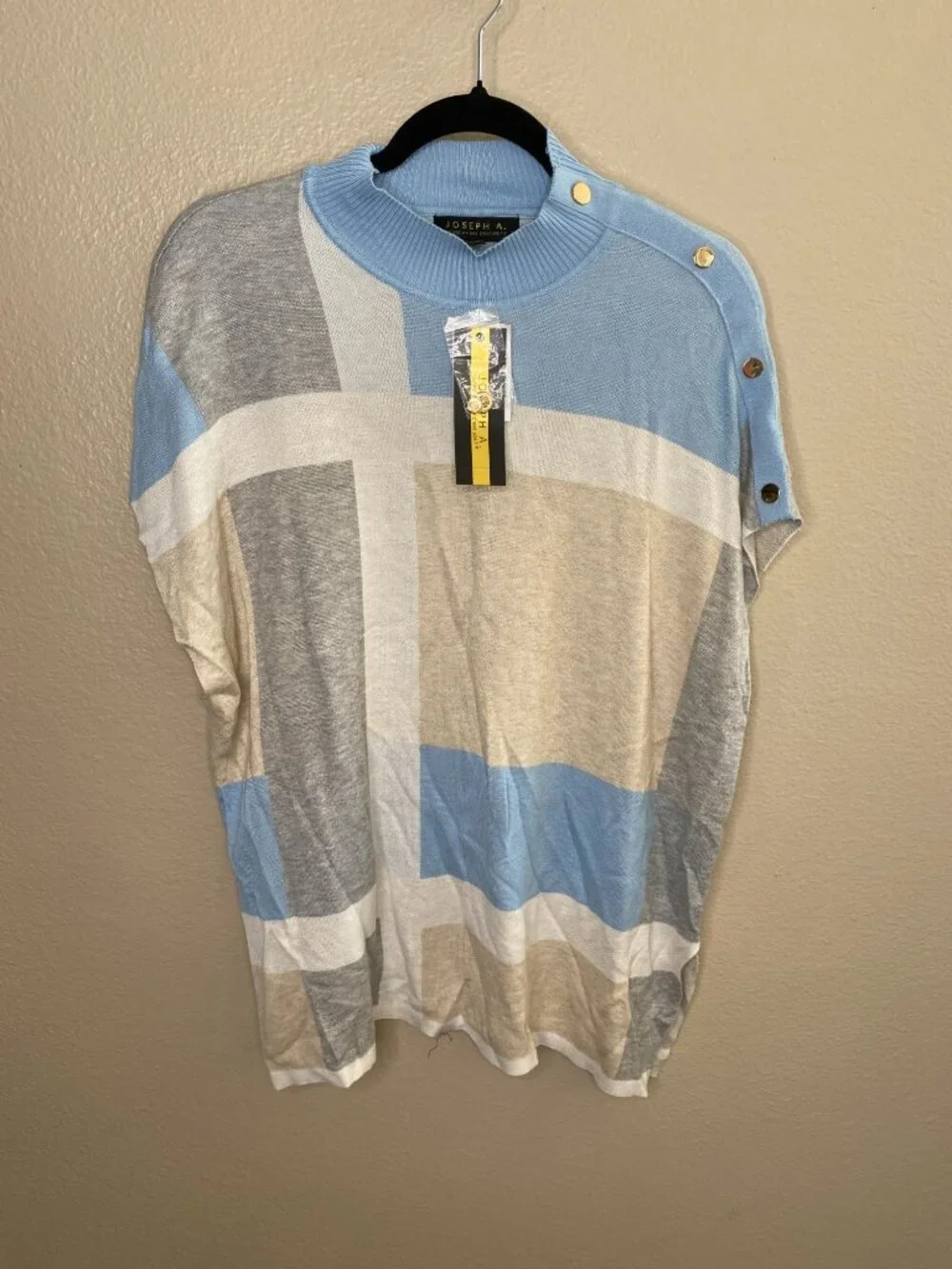 NWT Joseph A. Womens Geometric Poncho Sweater L Button Detail Pastel Blue/Gray - Picture 2 of 7